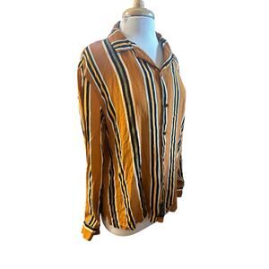 Women M Religion London Stripe Blouse Button-Down Shirt Top Long Slv Mustard